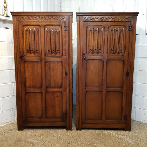 Antique Pair of Carved Joined Oak Single Wardrobes by Denby & Spinks C1920