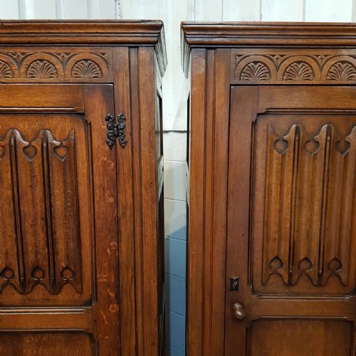 fig 1. ANTIQUE PAIR OF CARVED JOINED OAK SINGLE WARDROBES BY DENBY & SPINKS C1920