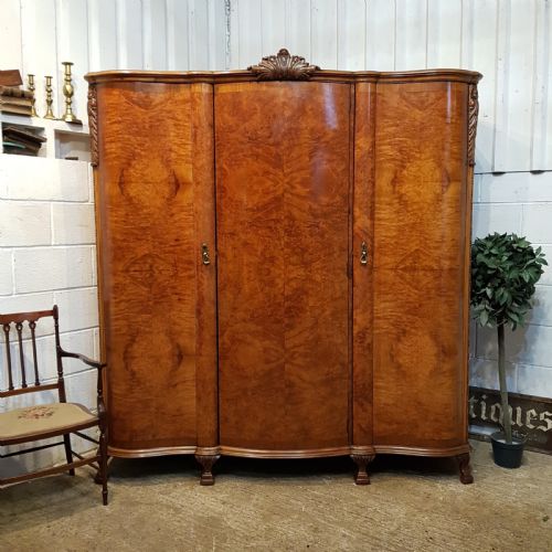 Antique Burr Walnut Serpentine Shaped Triple Wardrobe C1920