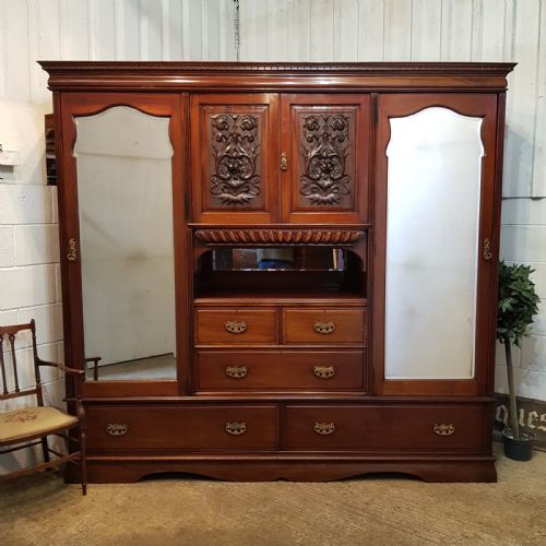 Antique Large Art Nouveau Mahogany Triple Wardrobe Compactum C1890
