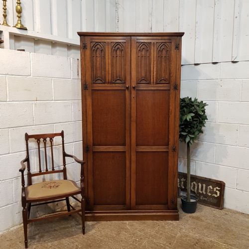 Antique Carbed Oak Small Double Wardrobe C1920