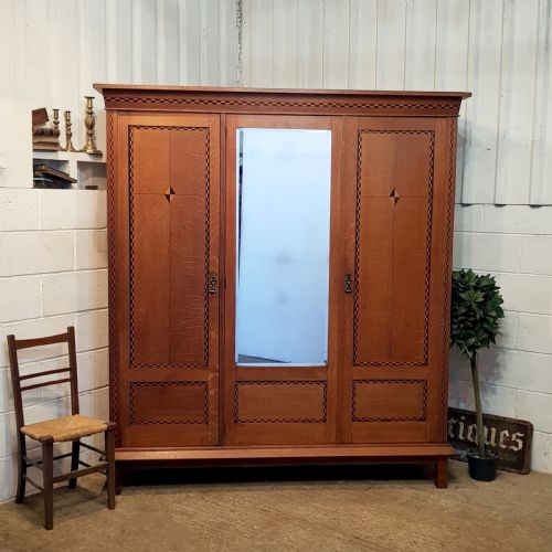Antique Arts & Crafts Inlaid Oak Triple Wardrobe C1890