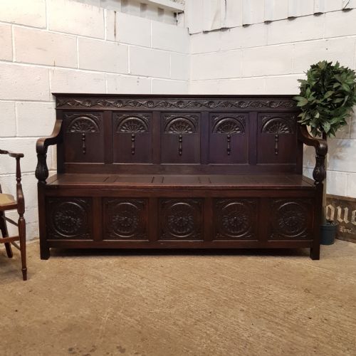 Antique Victorian Carved Oak Box Settle C1880