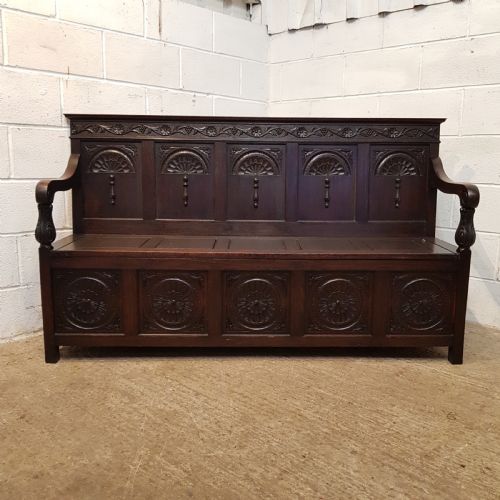 fig 1. ANTIQUE VICTORIAN CARVED OAK BOX SETTLE C1880