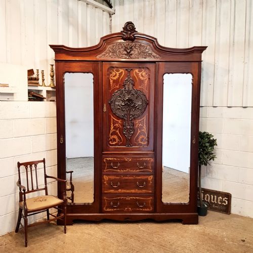Antique Art Nouveau Inlaid & Carved Mahogany Triple Wardrobe C1890
