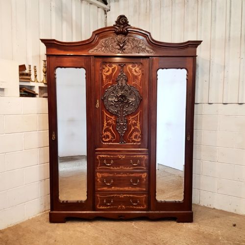 fig 1. ANTIQUE ART NOUVEAU INLAID & CARVED MAHOGANY TRIPLE WARDROBE C1890