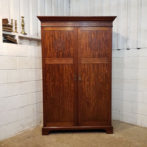 fig 1. ANTIQUE LATE VICTORIAN MAHOGANY ARTS & CRAFTS DOUBLE WARDROBE C1890