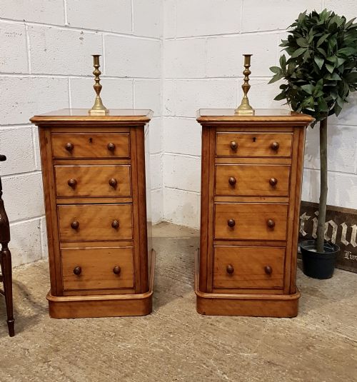 Antique Pair Victorian Satin Birch Bedside Chests of Drawers C1880