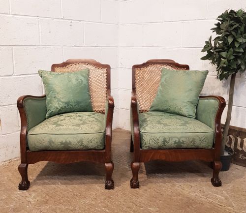 Antique Pair Split Cane Berger Mahogany Framed Armchairs C1910