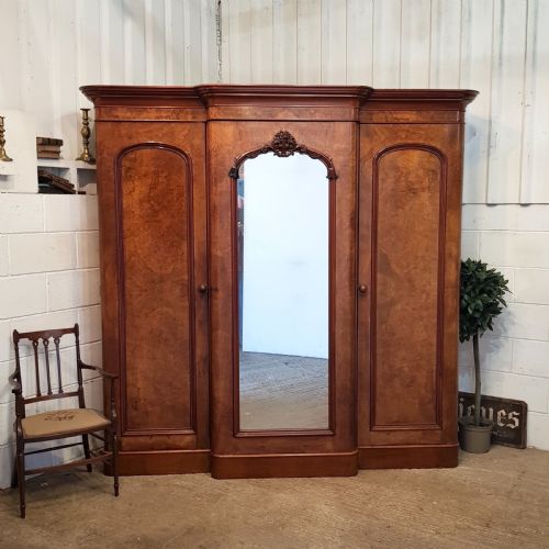 Antique Victorian Burr Walnut Breakfront Triple Wardrobe C1880
