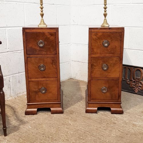 Antique Pair Art Deco Burr Walnut Bedside Chests of Drawers C1920