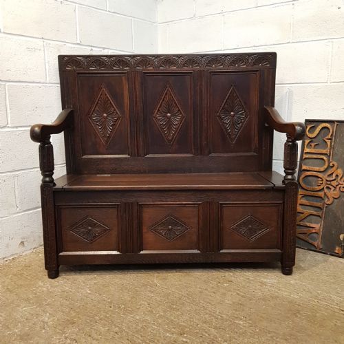 Antique Edwardian Carved Oak Box Settle C1900