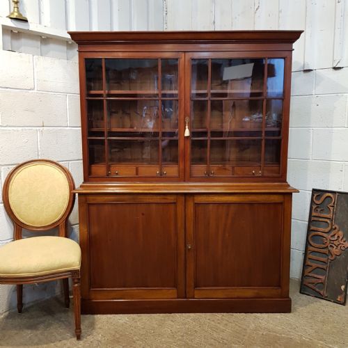 Antique Edwardian Low Mahogany Glazed Bookcase on Cupboard C1900