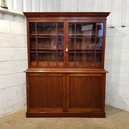 fig 1. ANTIQUE EDWARDIAN LOW MAHOGANY GLAZED BOOKCASE ON CUPBOARD C1900