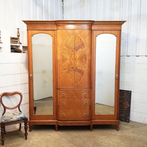 Antique Edwardian Satinwood Breakfront Triple Wardrobe C1900