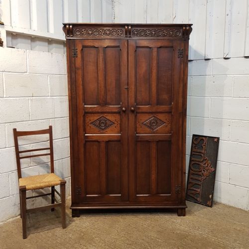 Antique Carved & Joined Oak Doubke Wardrobe C1920