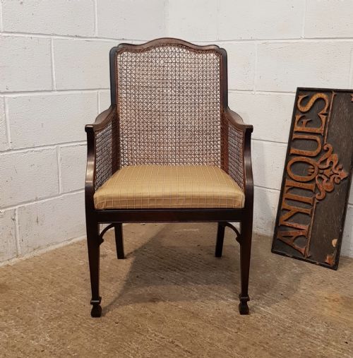 Antique Edwardian Oak Framed Split Cane Bergere Salon Chair C1900