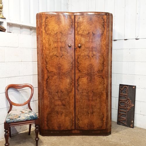 Antique Art Deco Burr Walnut Double Wardrobe C1920