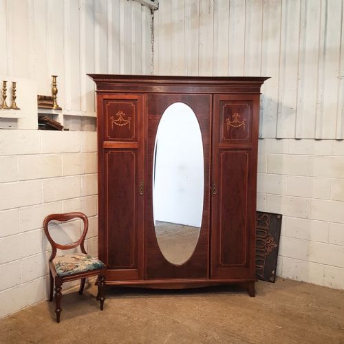 Antique Edwardian Mahogany Inlaid Triple Wardrobe C1900