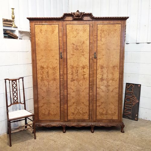 Antique Burr Walnut Triple Wardrobe C1920