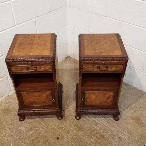 fig 1. ANTIQUE PAIR BURR WALNUT BEDSIDE CABINETS C1920
