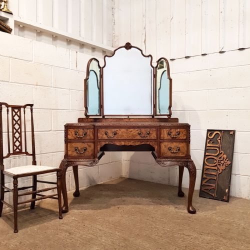 Antique Burr Walnut Serpentine Shaped Dresing Table C1920