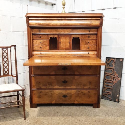 Antique Victorian Burr Walnut Secretaire Abattant with Secret Drawers C1880