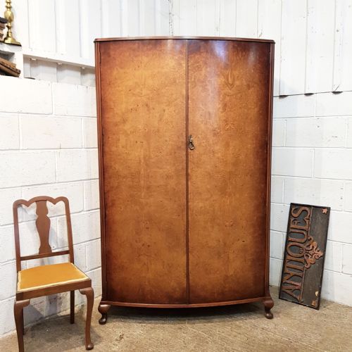 Antique Burr Walnut Bow Front Double Wardrobe C1920