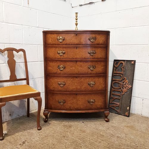 Antique Burr Walnut Bow Front Chest of Drawers by Denby & Spink C1920