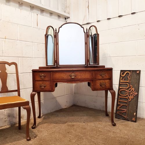 Antique Burr Walnut Bow Front Dressing Table by Denby & Spinks C1920