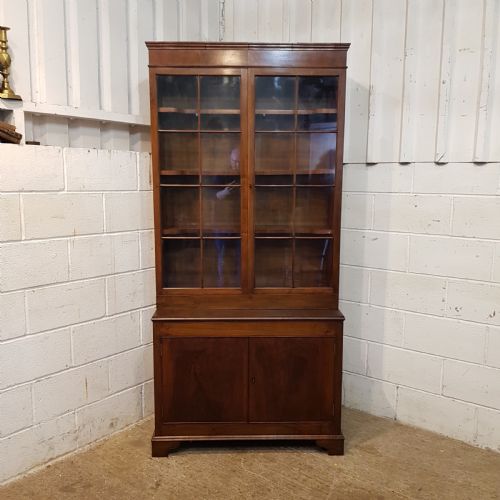 fig 1. ANTIQUE TALL WALNUT GLAZED BOOKCASE ON CUPBOARD C1920