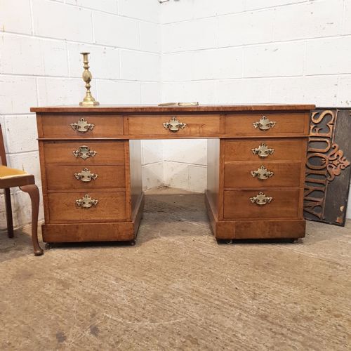 Antique Late Victorian Oak & Burr Oak Twin Pedestal Desk C1890