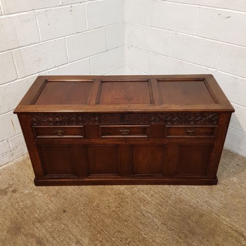 fig 1. ANTIQUE 18TH CENTURY LARGE CARVED OAK COFFER ( INITIALS FOR CF 1708)