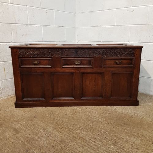 fig 2. ANTIQUE 18TH CENTURY LARGE CARVED OAK COFFER ( INITIALS FOR CF 1708)