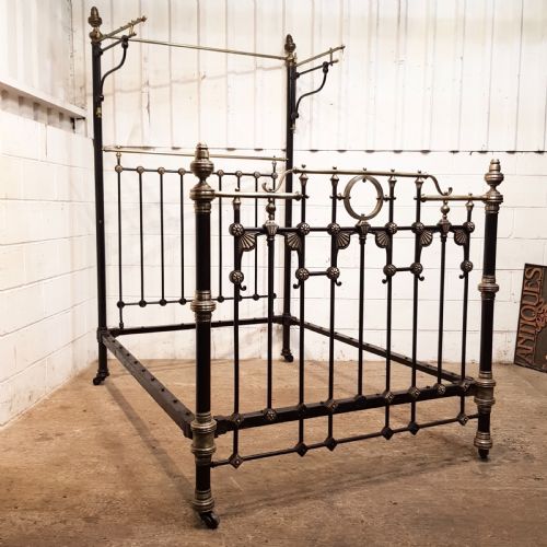 Antique Victorian Brass and Iron Half Tester Double Bed C1880
