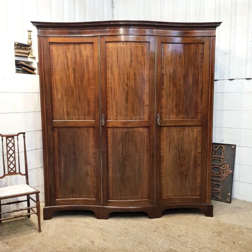Antique Edwardian Mahogany Serpentine Shape Triple Wardrobe C1900