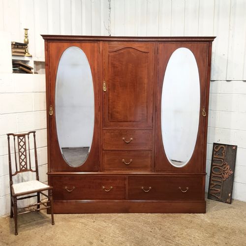 Antique Edwardian Mahogany Triple Wardrobe C1900