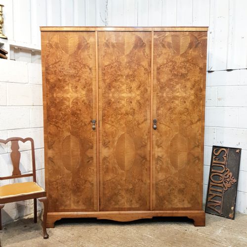 Antique Burr Walnut Triple Wardrobe C1920