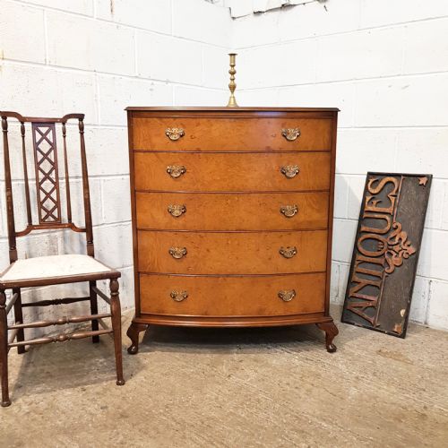 Antique Burr Walnut Bow Front Chest of Drawers C1920