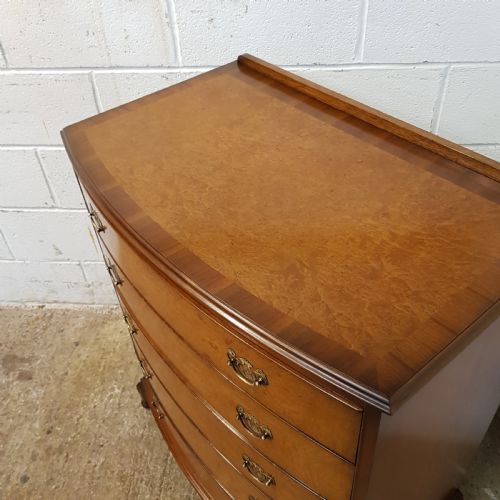 fig 1. ANTIQUE BURR WALNUT BOW FRONT CHEST OF DRAWERS C1920