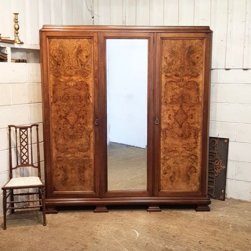 Antique Art Deco Burr Walnut Triple Wardrobe C1920