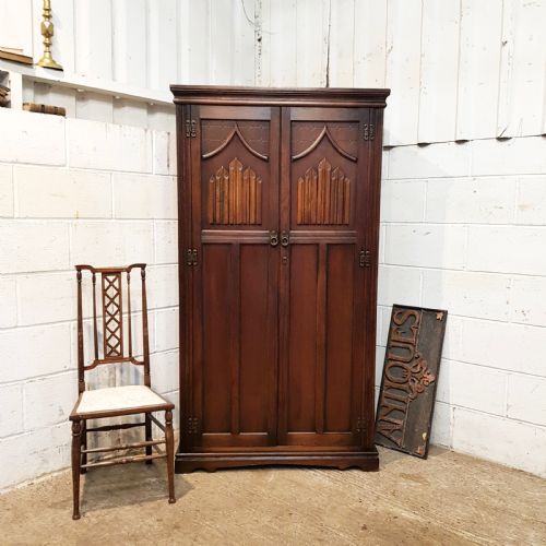 Antique Carved Oak Fitted Gents Wardrobe C1920