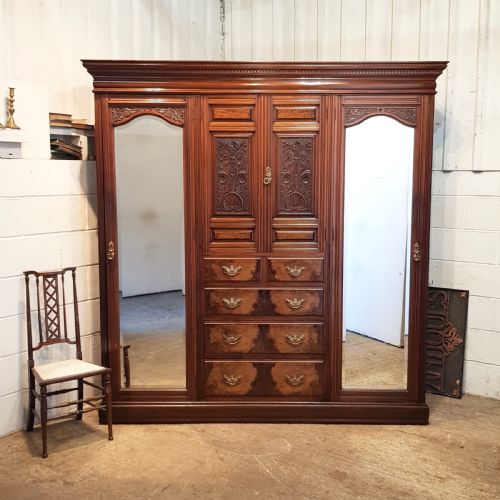 Antique Victorian Burr Walnut Triple Wardrobe  C1880