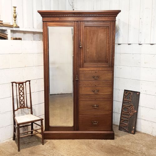 Antique Edwardian Walnut Combination Wardrobe C1900