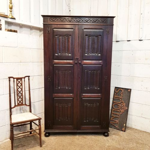 Antique Carved Oak Linen Fold Double Wardrobe C1920