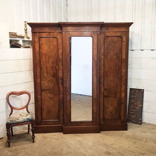 Antique Burr Walnut Triple Breakfront Wardrobe C1880