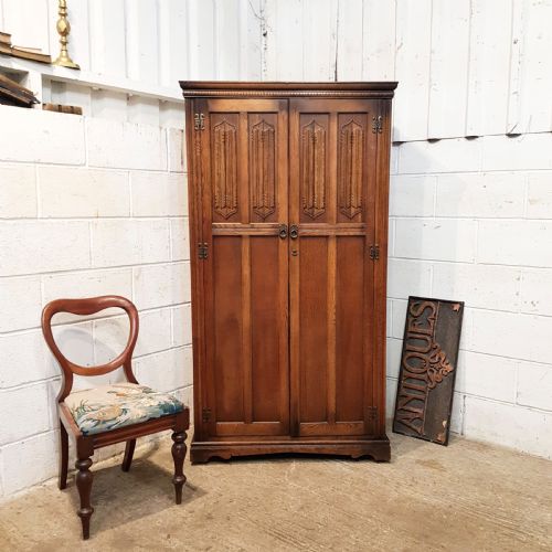 Antique Carved Oak Linen Fold Fitted Double Wardrobe C1920