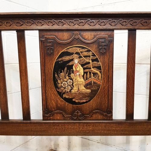 fig 2. ANTIQUE CARVED OAK DOUBLE BED WITH JAPANNED OVAL PANELS C1920.