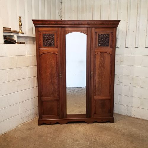 fig 1. ANTIQUE LATE VICTORIAN BURR WALNUT TRIPLE WARDROBE C 1890