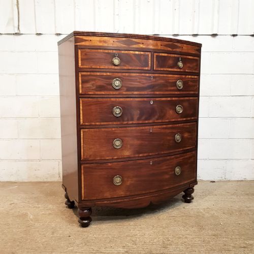 fig 1. ANTIQUE REGENCY MAHOGANY INLAID LARGE BOW FRONT CHEST OF DRAWERS C1820